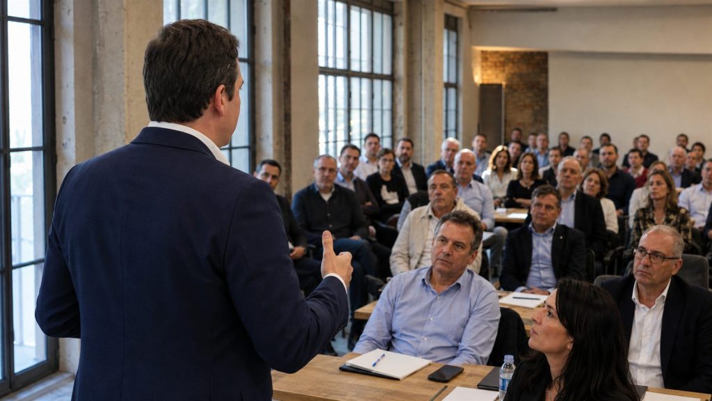 Julio Gysels dando una ponencia ante una sala de empresarios