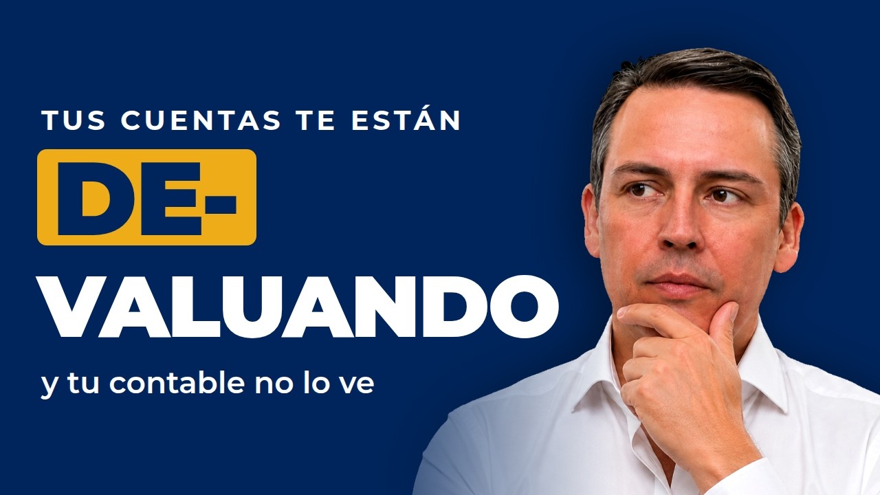 Fondo azul marino con el texto «Tus cuentas te están DE-VALUANDO» en dorado y blanco, y Julio Gysels pensativo a la derecha