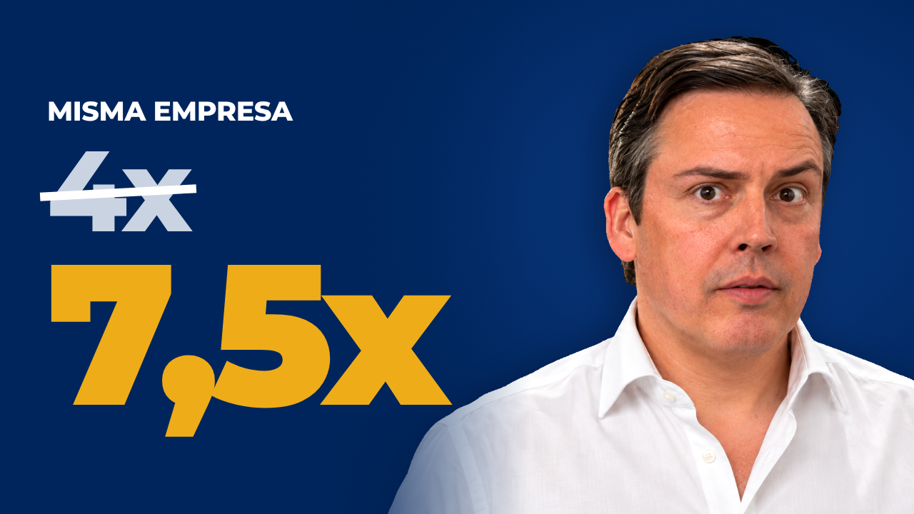 Fondo azul marino con el texto «Misma empresa», un 4x tachado y un 7,5x en dorado junto a Julio Gysels